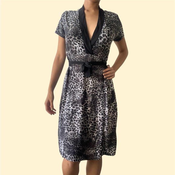 BCBGMAXAZRIA black, gray, and white leopard cheetah print Midi dress with Straps - Picture 3 of 9